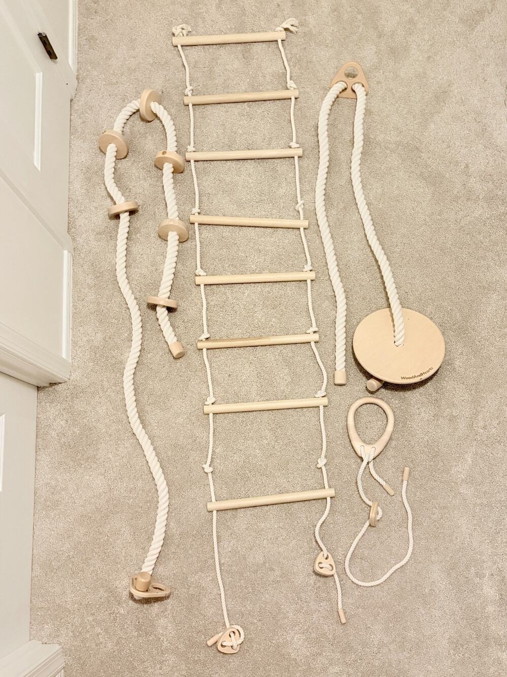 WoodAndHearts Kids Climbing Set Rope Ladder Swing Rings Montessori Indoor Gym
